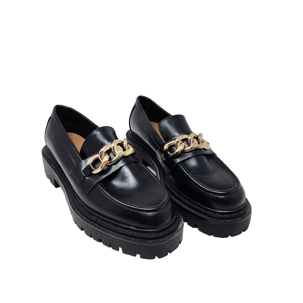 H&M Chunky Platform Loafers Gold Chain Slip On Shoes Faux Leather Black Size 7